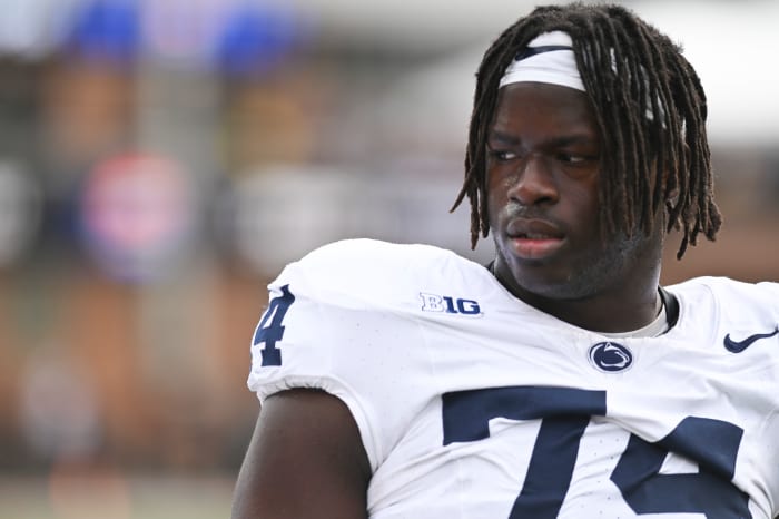 Penn State offensive tackle Olu Fashanu is selected by the Washington Commanders in a 2024 NFL Mock Draft.